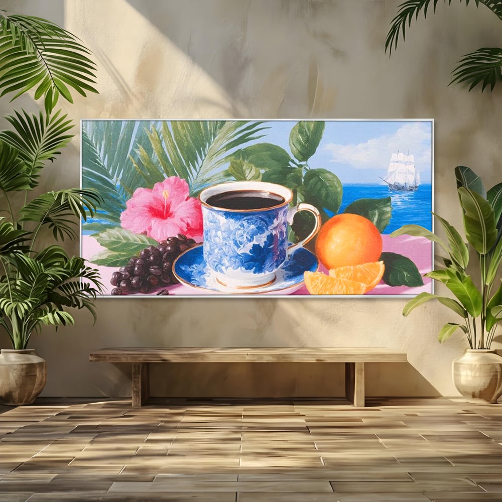 Tablou canvas cu natura moarta cu ceasca de cafea si portocale, in rama de aluminiu argintiu